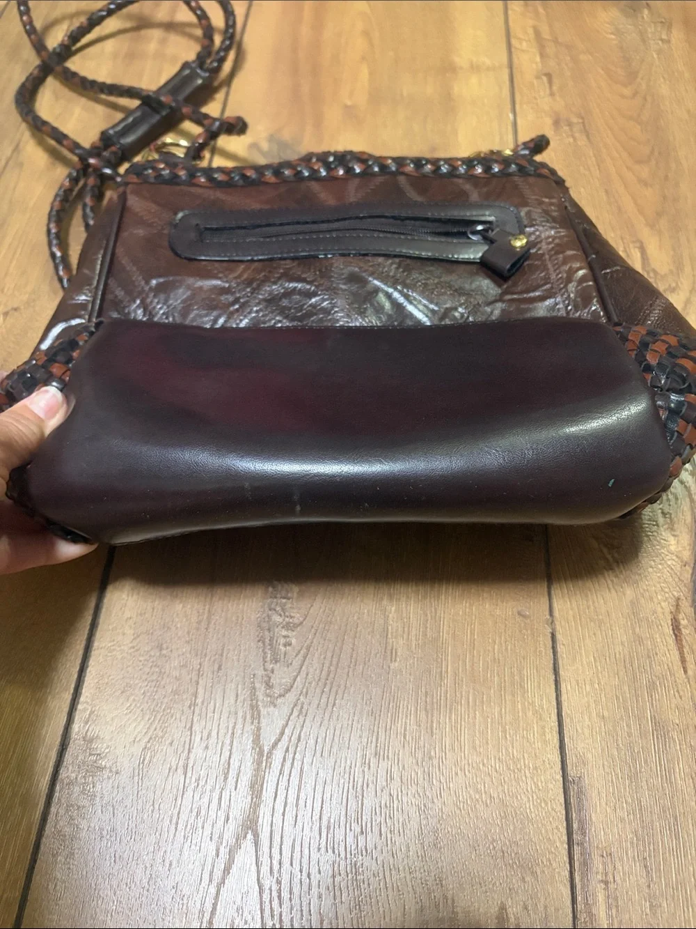 Vintage Sharif Brown Braided Leather Shoulder Bag with Gold Emblem